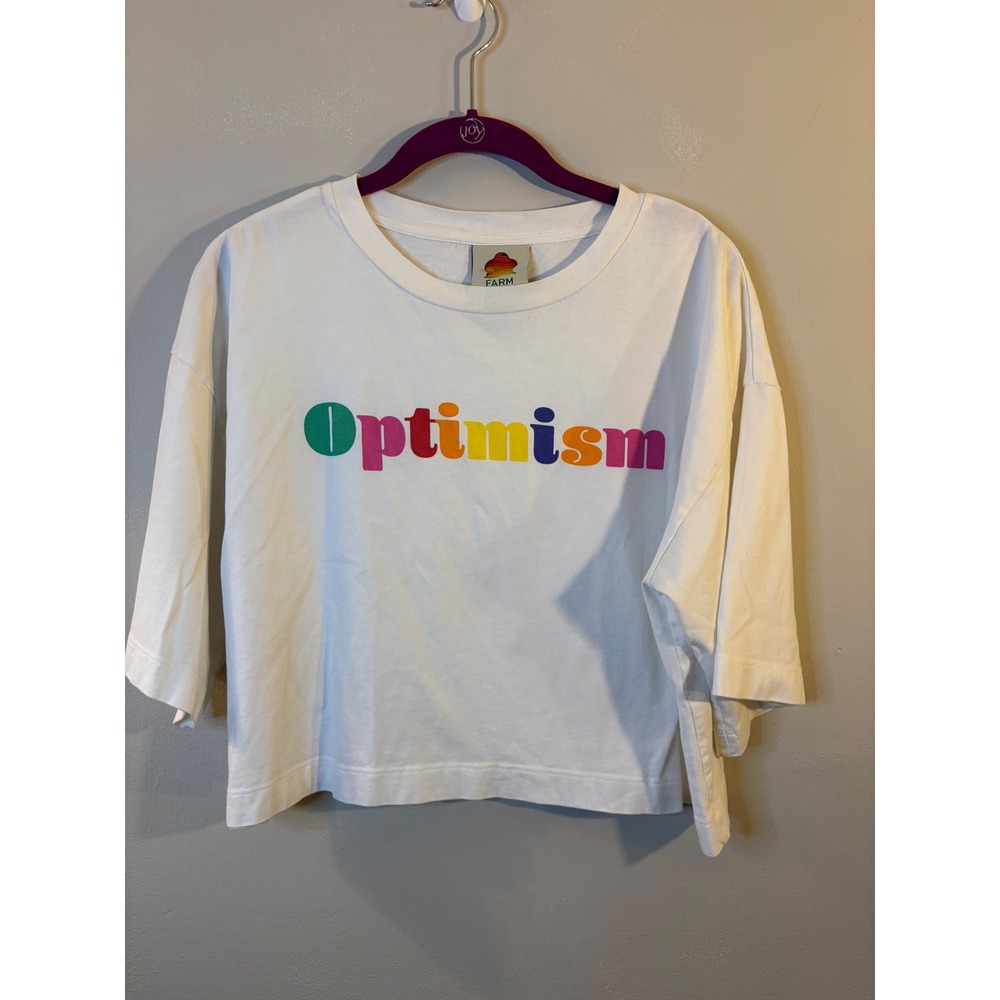 FARM Rio White Cropped Tee with Multicolor "Optimism" Print